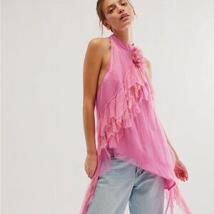 Free People Pink Floral Embellished Top Whitney Ruffle Tunic